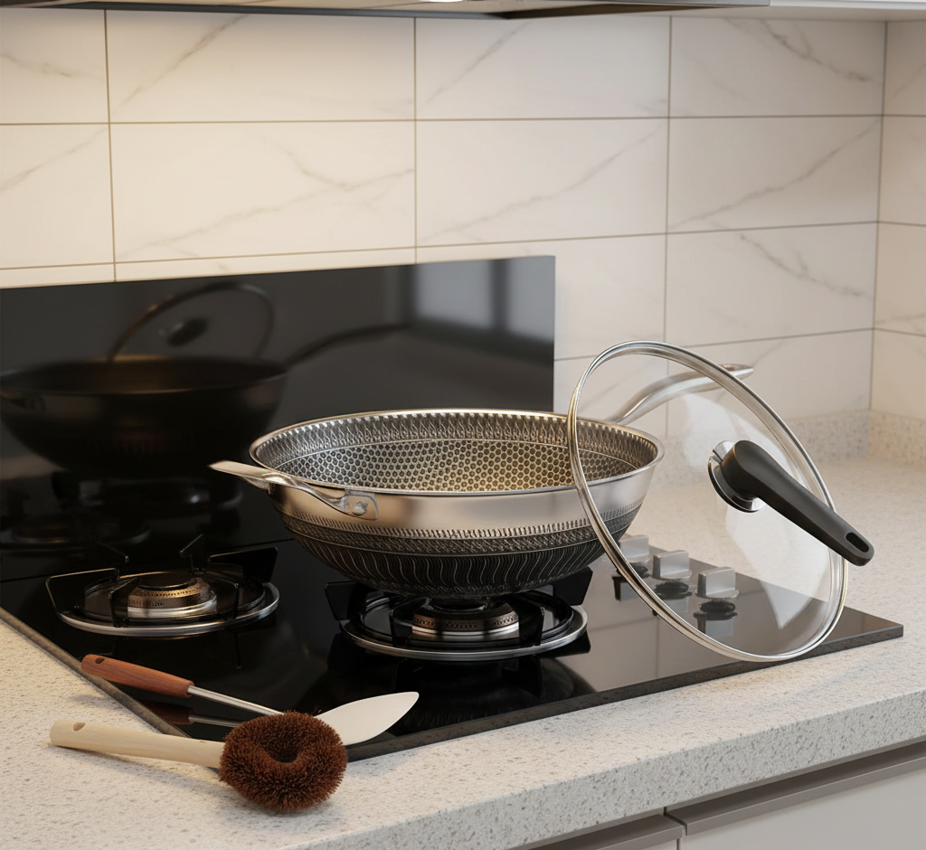 13.3″ Stainless Steel Wok Pan with Lid & Spatula – Nonstick – All Cooktops