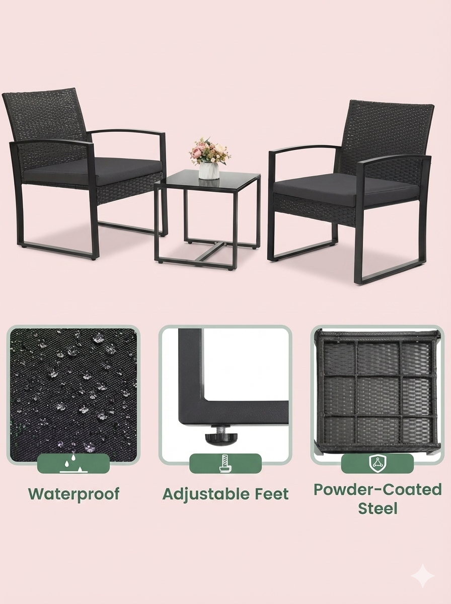 3-Piece Outdoor Patio Furniture Set – Wicker Chairs + Bar Table with Cushions