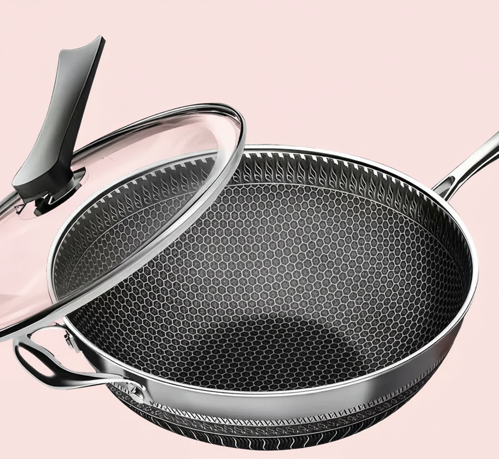 13.3″ Stainless Steel Wok Pan with Lid & Spatula – Nonstick – All Cooktops