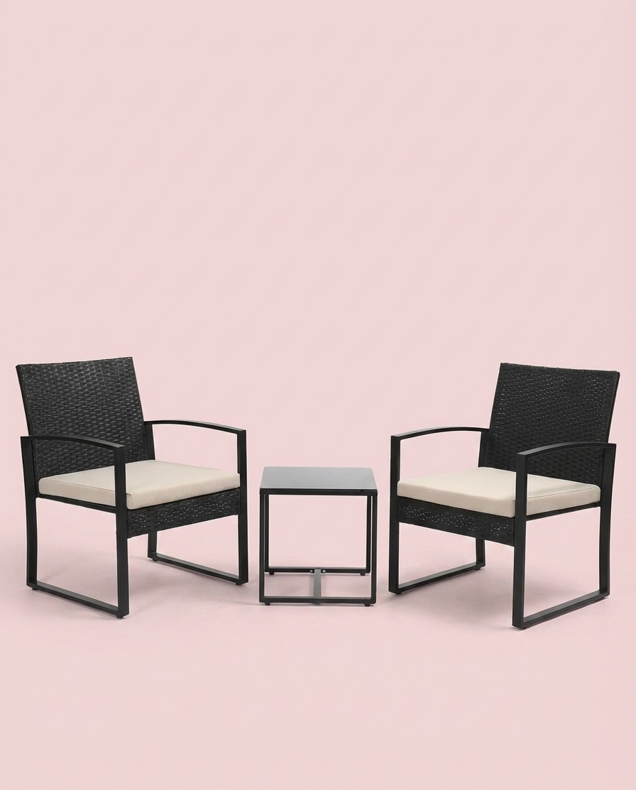 3-Piece Outdoor Patio Furniture Set – Wicker Chairs + Bar Table with Cushions