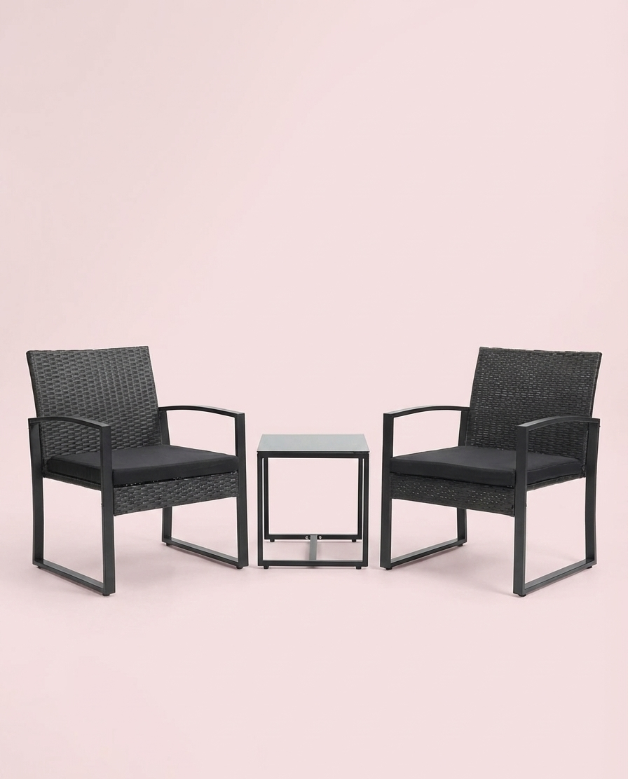 3-Piece Outdoor Patio Furniture Set – Wicker Chairs + Bar Table with Cushions