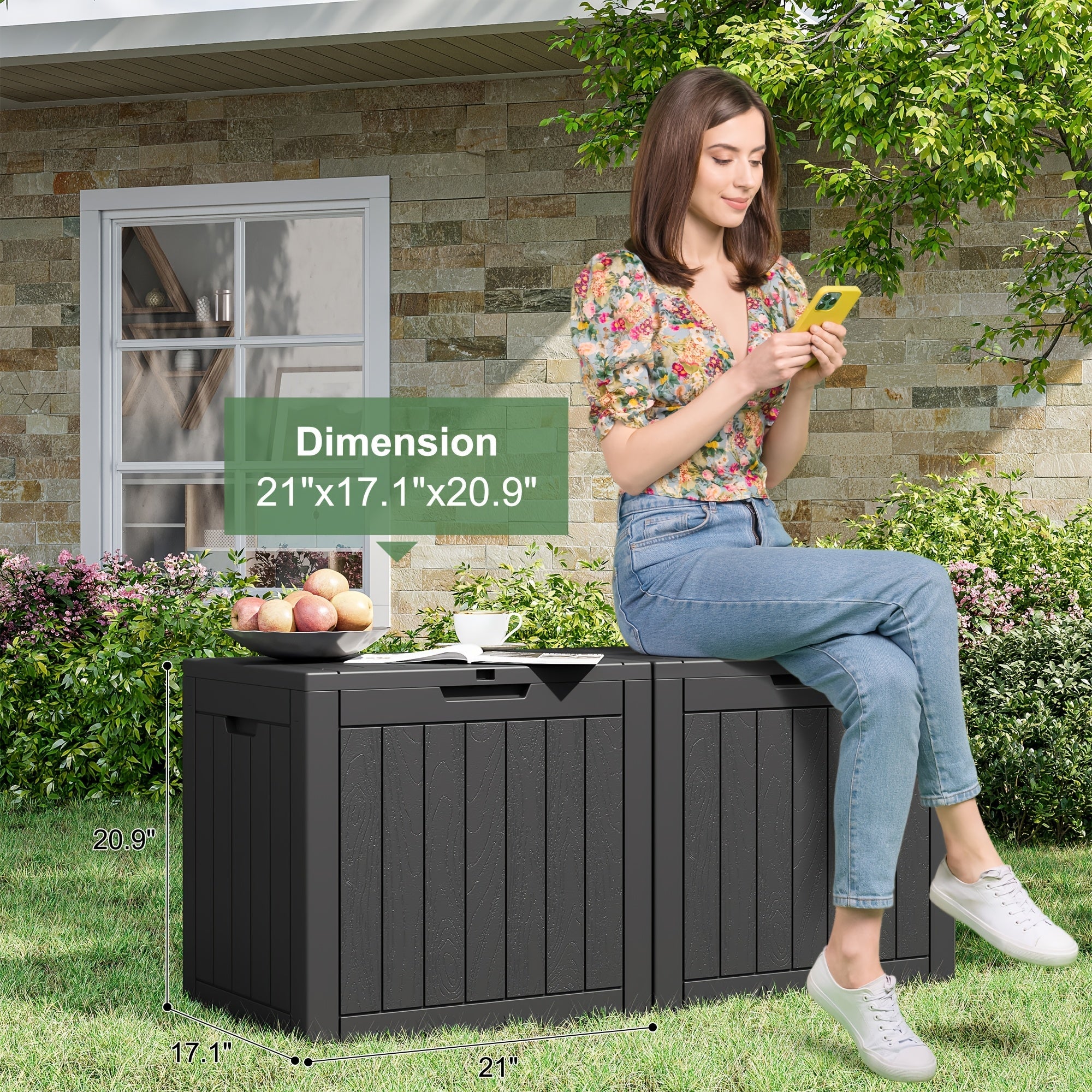 35 Gallon Outdoor Resin Storage Box – Black/Wood Grain