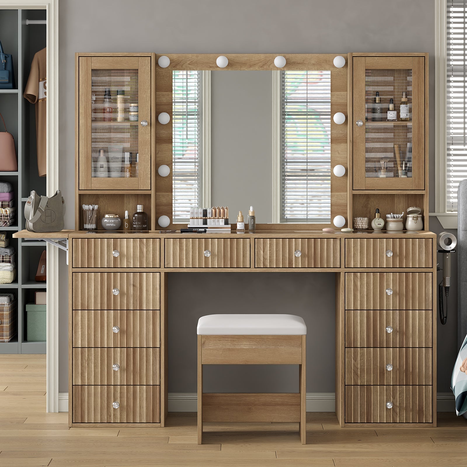 12-Drawer LED Mirror Vanity Desk - Vektaya