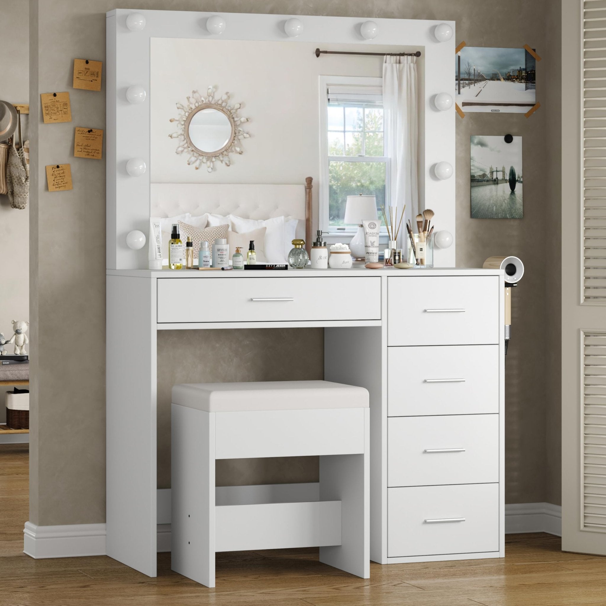 5-Drawer LED Mirror Vanity Desk - Vektaya