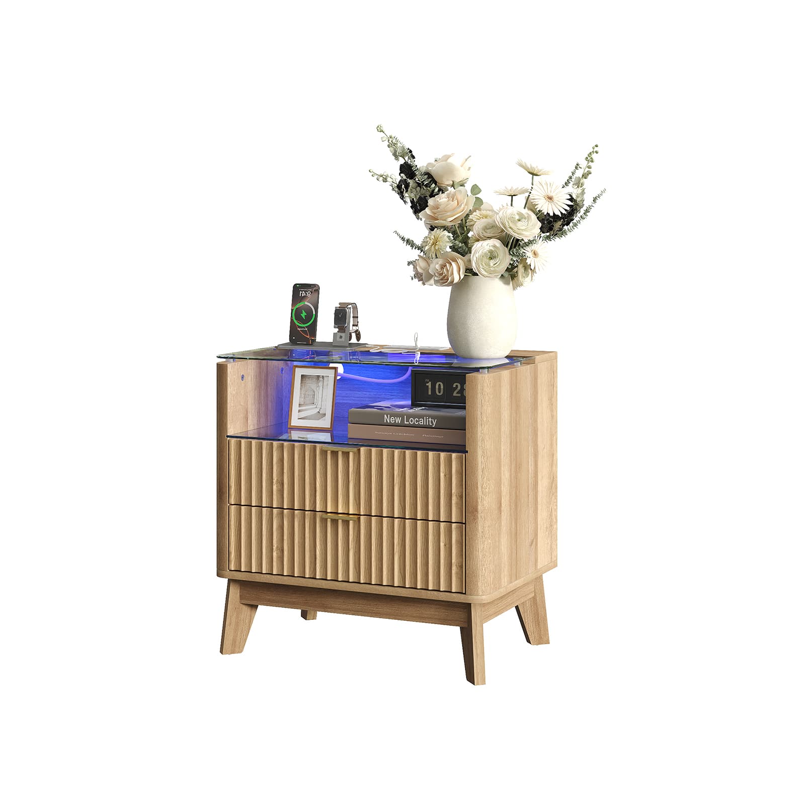 23" Fluted LED Nightstand with Charging Station, Drawers, Oak - Vektaya