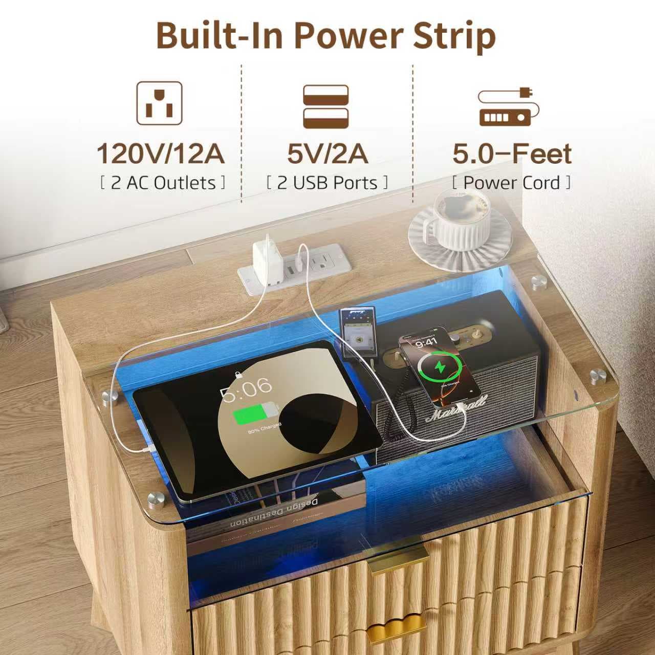 23" Fluted LED Nightstand with Charging Station, Drawers, Oak - Vektaya