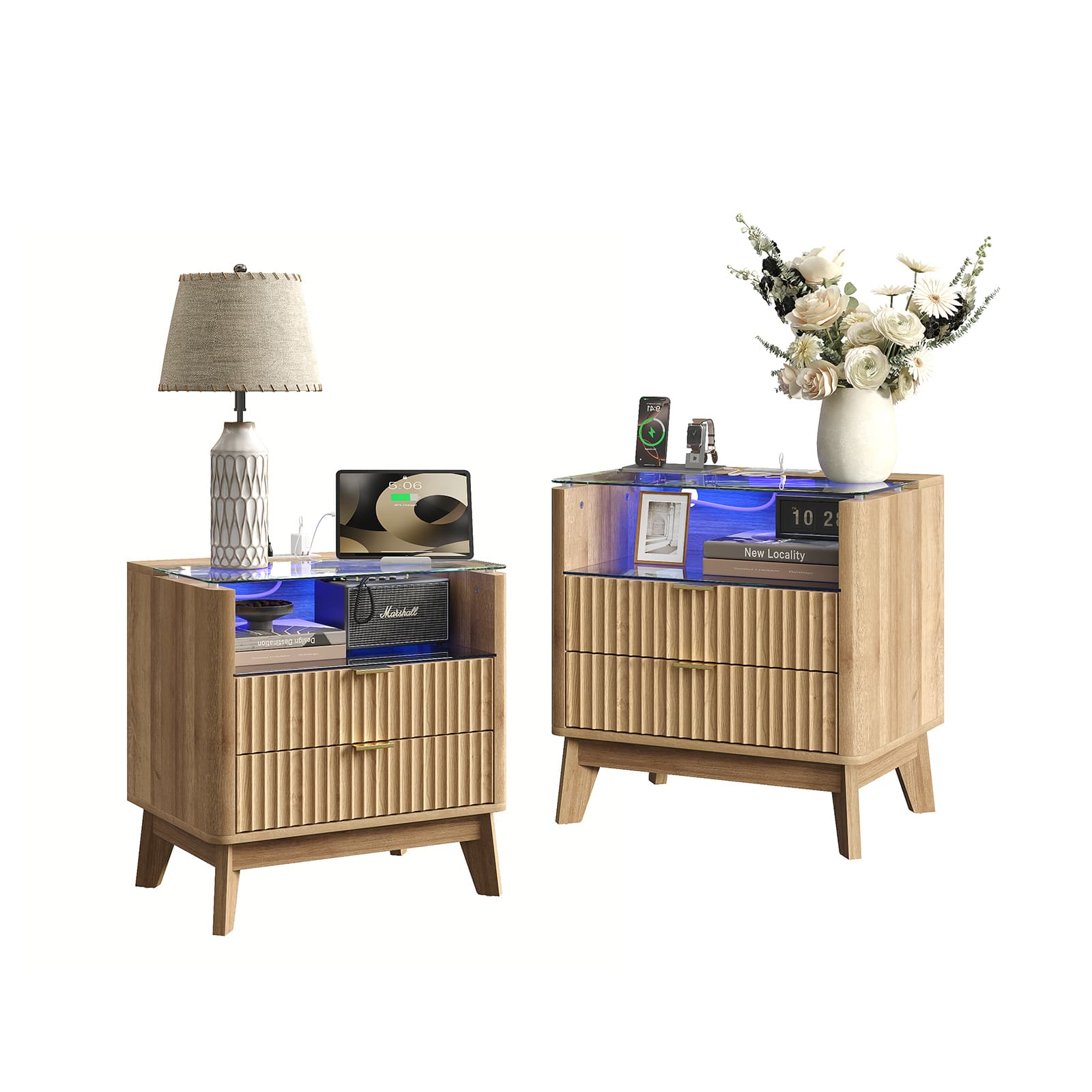 23" Fluted LED Nightstand with Charging Station, Drawers, Oak - Vektaya