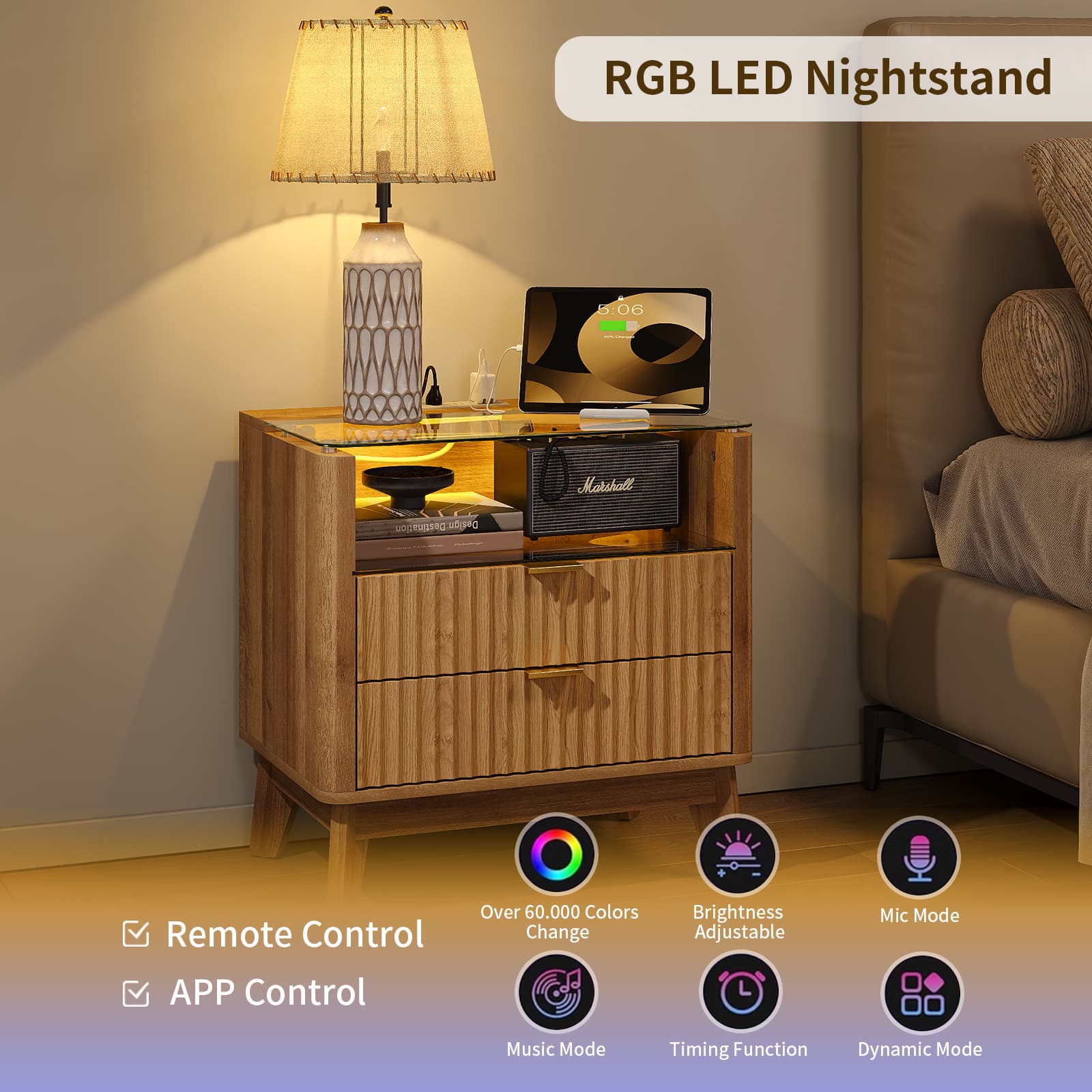 23" Fluted LED Nightstand with Charging Station, Drawers, Oak - Vektaya