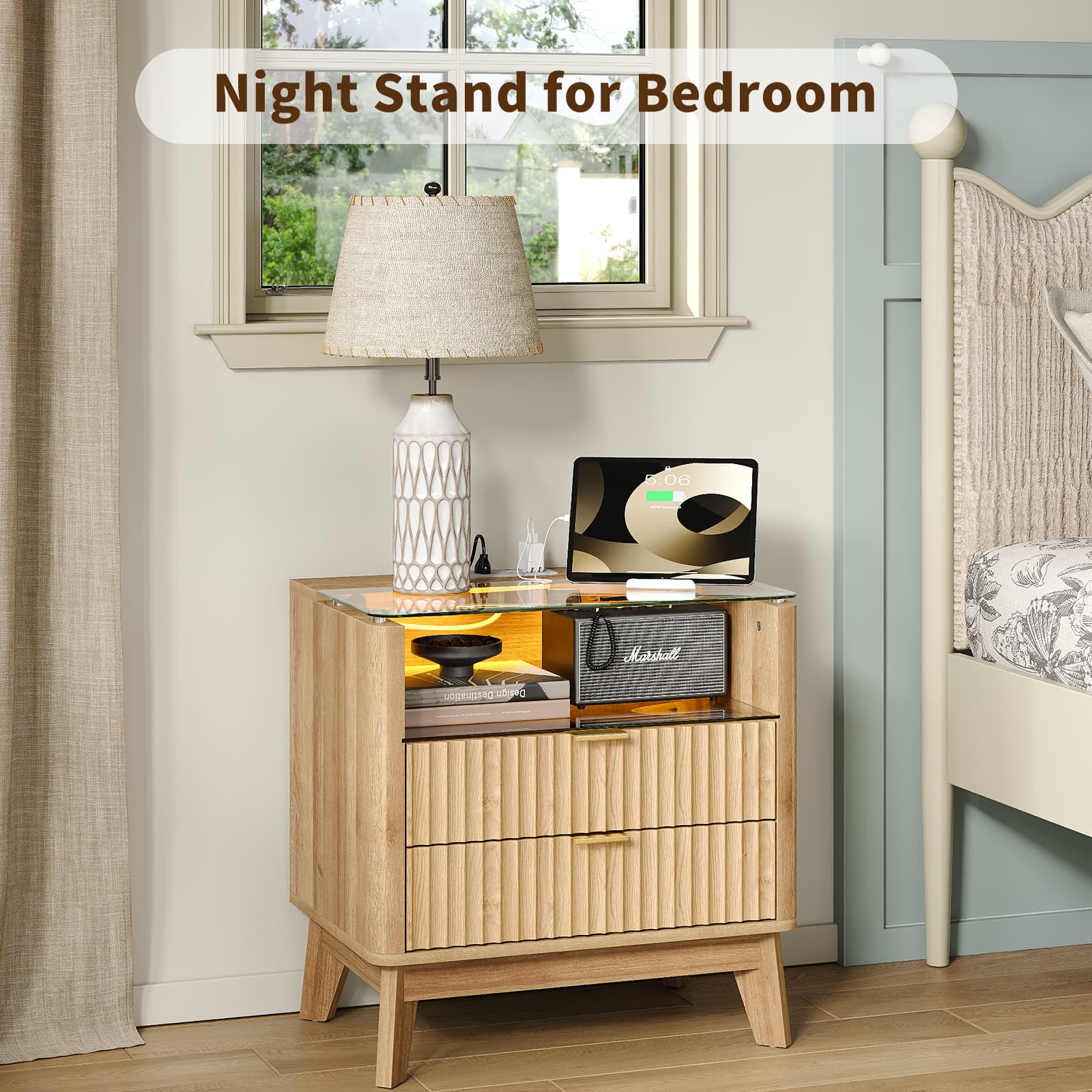 23" Fluted LED Nightstand with Charging Station, Drawers, Oak - Vektaya