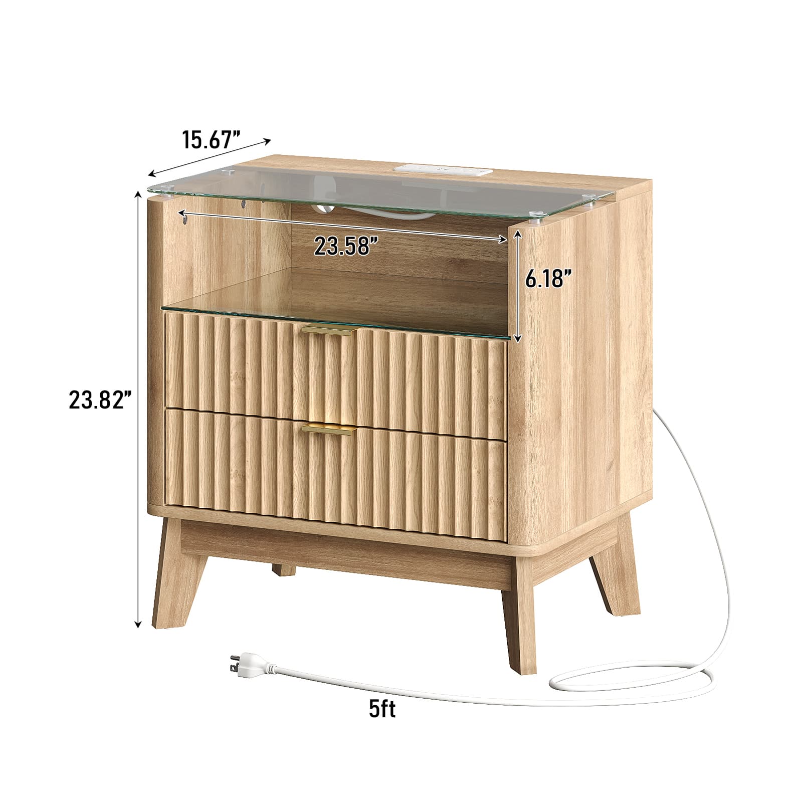 23" Fluted LED Nightstand with Charging Station, Drawers, Oak - Vektaya