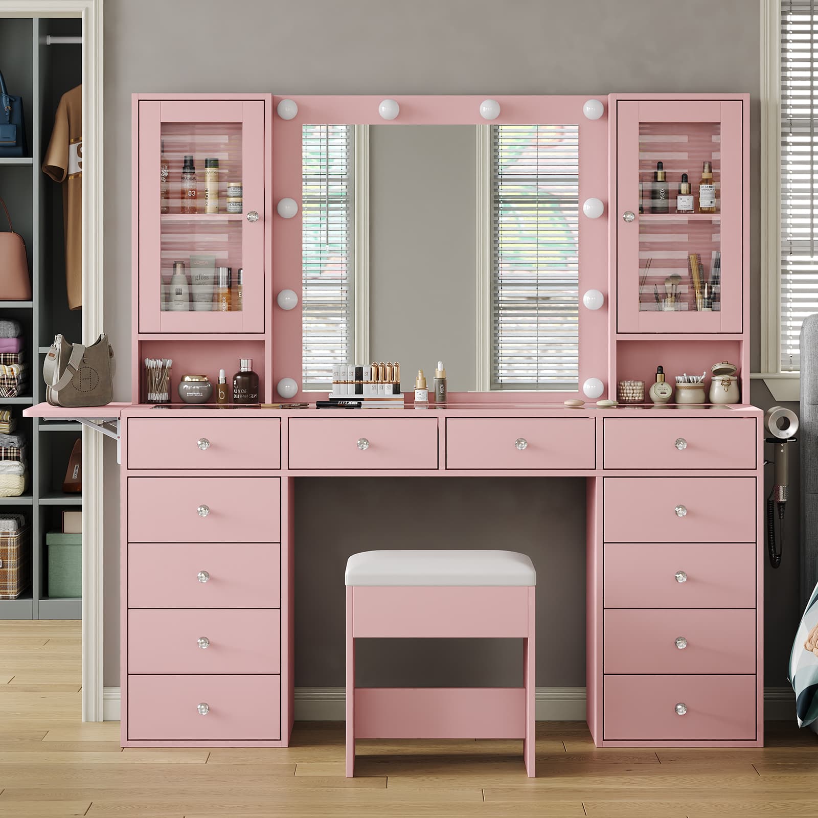 12-Drawer LED Mirror Vanity Desk - Vektaya