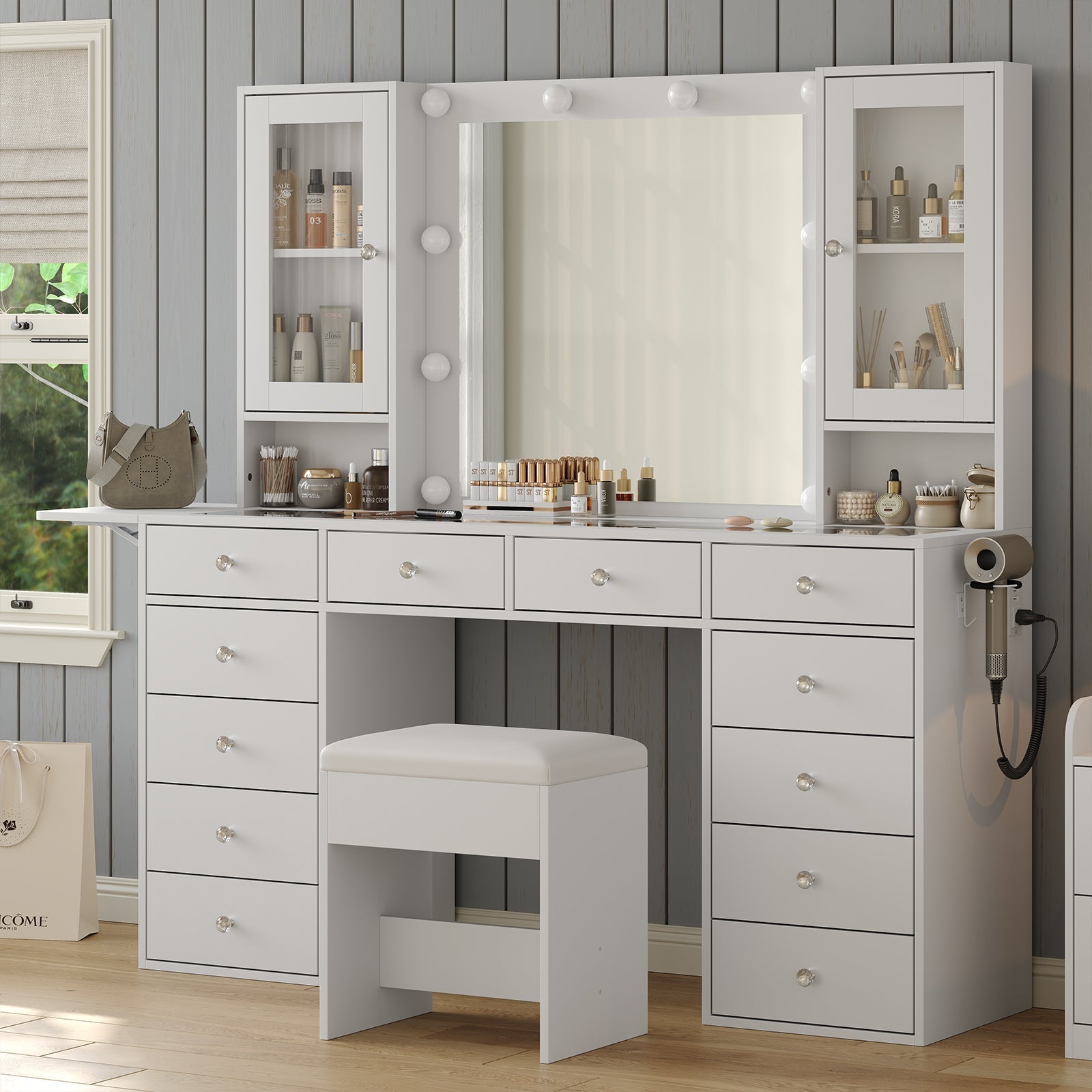 12-Drawer LED Mirror Vanity Desk - Vektaya