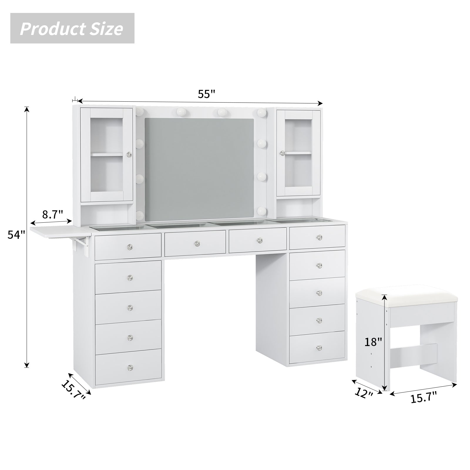 12-Drawer LED Mirror Vanity Desk - Vektaya