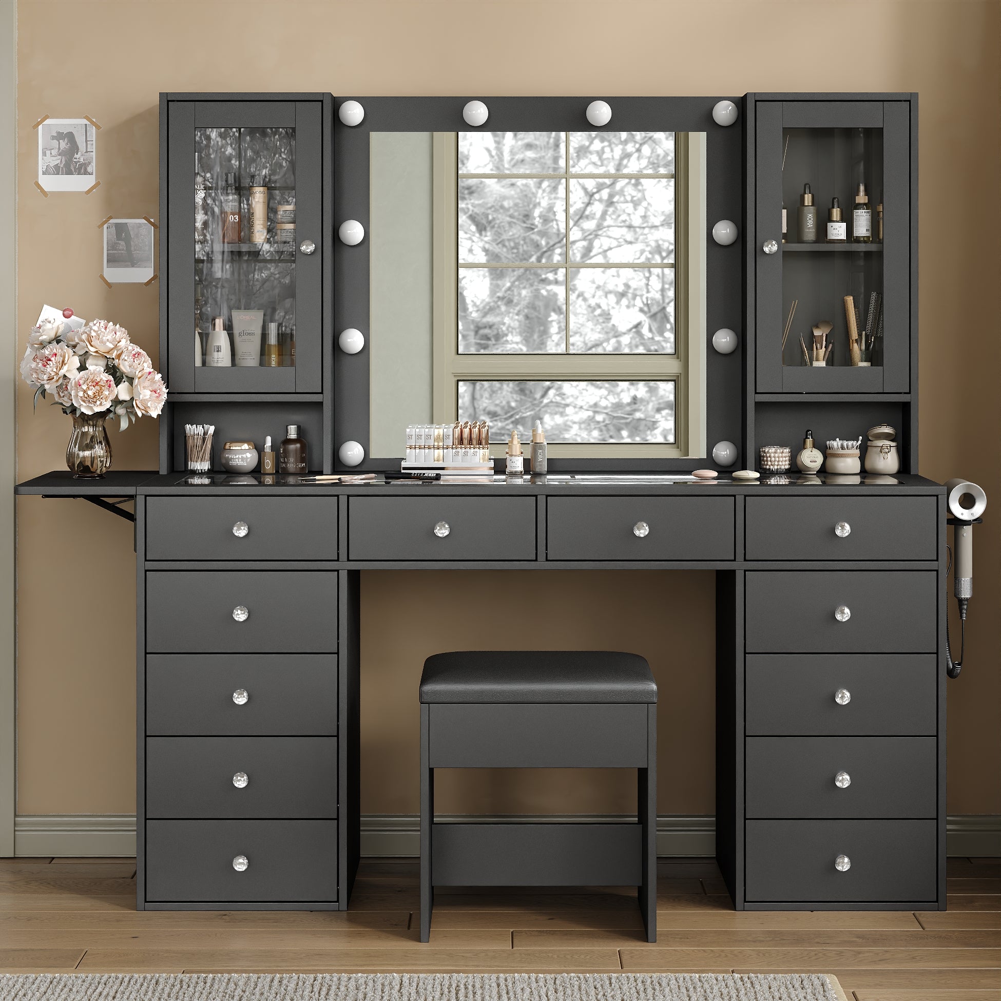 12-Drawer LED Mirror Vanity Desk - Vektaya