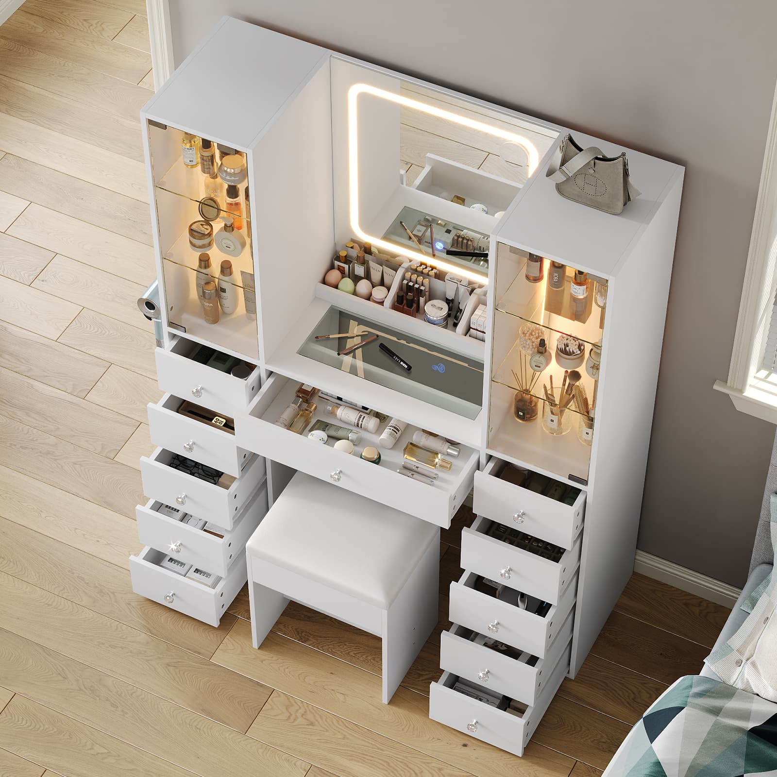 11-Drawer Mirror Vanity Desk - Vektaya