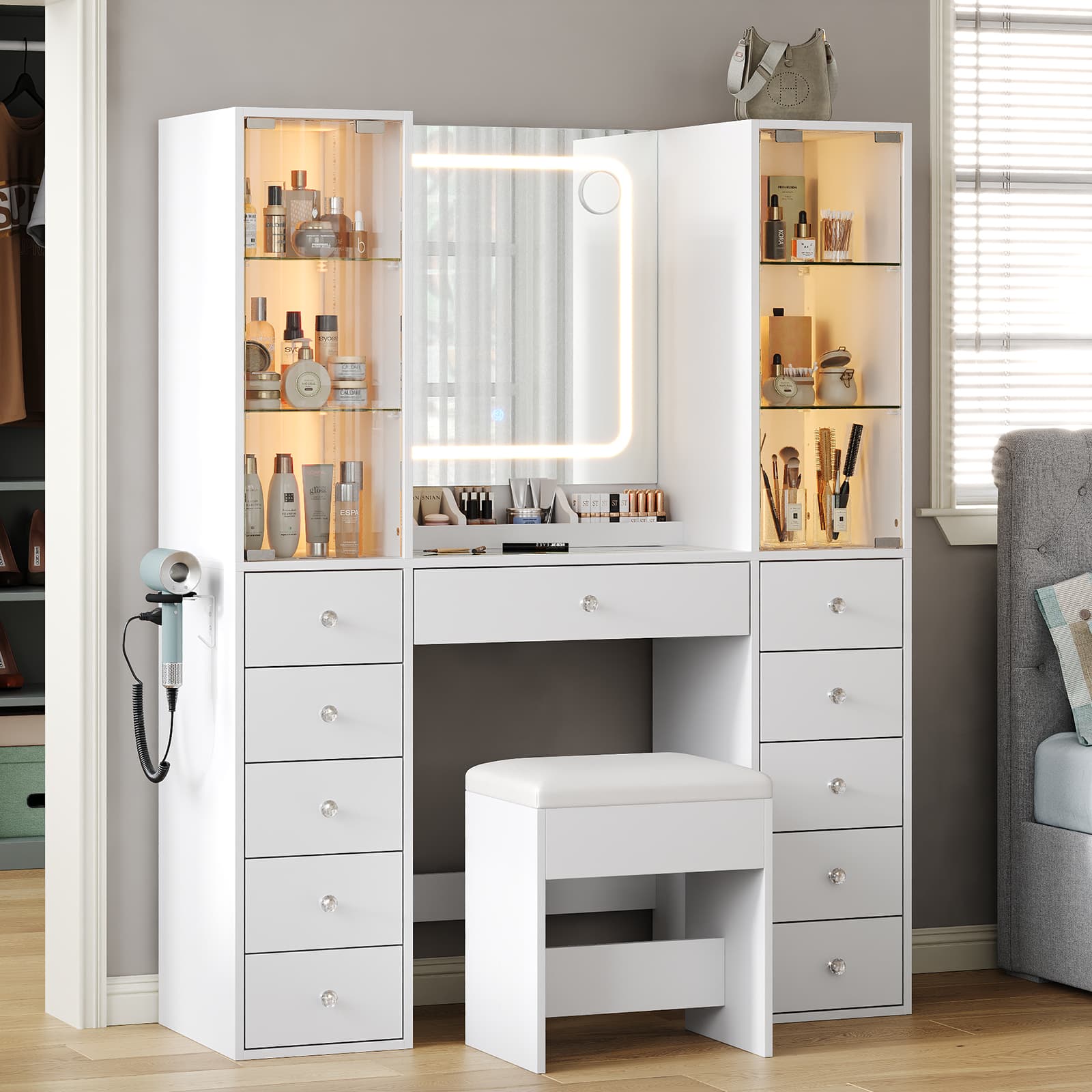 11-Drawer Mirror Vanity Desk - Vektaya